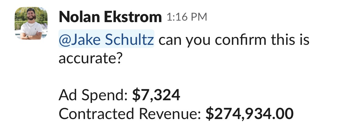 Client update: $7,324 ad spend, $274,934 contracted revenue